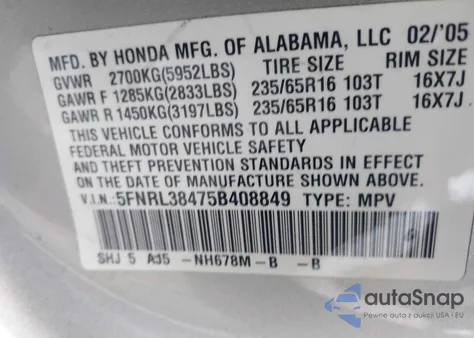 2005 Honda Odyssey Ex z USA, uszkodzony, nr VIN 5FNRL38475B408849